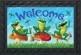 Briarwood Lane Happy Frogs Summer Doormat with colorful frogs, mushrooms, and dragonflies on a decorative mat.