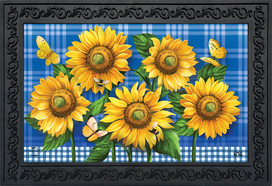 Briarwood Lane Blue Sunflowers Summer Doormat with butterflies and plaid background, colorful decorative indoor outdoor floormat.