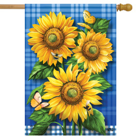 Briarwood Lane blue plaid house flag with bright sunflowers, butterflies, and colorful spring floral design.