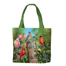 Briarwood Lane Fence Post Birds Spring Canvas Tote Bag with cardinals, bluebirds, goldfinches, and flowers.