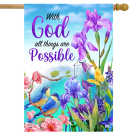 Briarwood Lane With God house flag with colorful flowers, birds, and inspirational religious spring decor.