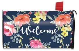 Briarwood Lane Watercolor Floral Spring Mailbox Cover with colorful flowers and Welcome text on navy background.