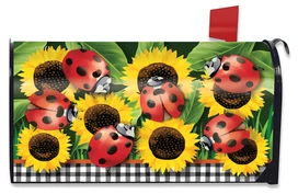 Briarwood Lane Ladybugs And Sunflowers Summer Mailbox Cover with checkered border and colorful floral print.