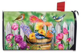 Briarwood Lane Birds And Blooms Spring Mailbox Cover with colorful tulips and birds on a bucket.
