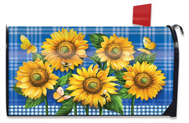 Briarwood Lane Blue Sunflowers Summer Mailbox Cover with colorful butterflies on plaid background design.