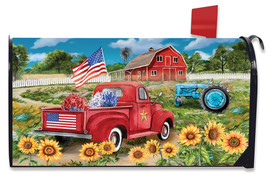 Briarwood Lane Land Of The Free red truck mailbox cover with American patriotic farm scene.