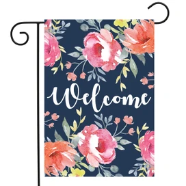 Briarwood Lane small printed garden flag with colorful floral design and Welcome text on navy blue.
