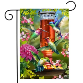 Briarwood Lane spring garden flag with colorful hummingbirds, flowers, and feeder on a decorative floral background.