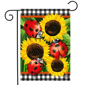 Briarwood Lane small garden flag with ladybugs, sunflowers on checkered background, colorful spring and summer decor.
