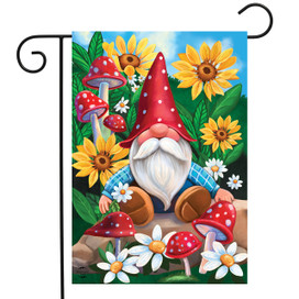 Briarwood Lane garden flag with cheerful gnome, sunflowers, mushrooms, and flowers, perfect for spring summer decor.