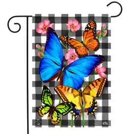 Briarwood Lane checkered garden flag with colorful butterflies, pink flowers on black and white plaid background.