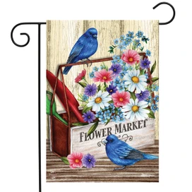 Briarwood Lane spring garden flag with bluebirds, colorful flowers, and toolbox, perfect for porch or yard.