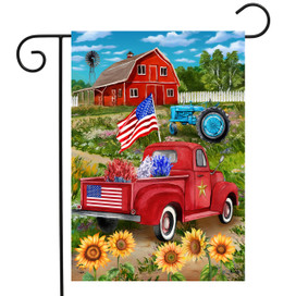 Briarwood Lane Land of the Free Garden Flag with red truck and sunflowers outdoor decor.