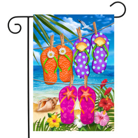 Briarwood Lane Hanging Flip Flops Summer Garden Flag with tropical island design and colorful floral patterns.