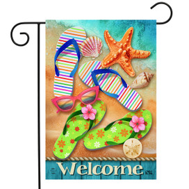 Briarwood Lane Surfside Flip Flops garden flag with colorful flip-flops, starfish, seashells, and welcome message.