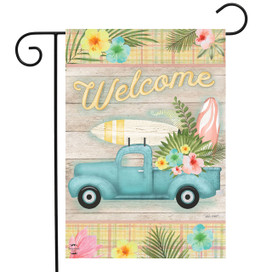 Briarwood Lane Tropical Pickup Truck garden flag with colorful flowers, surfboard, and cheery welcome message.