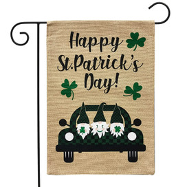 Briarwood Lane Happy St. Patrick's Gnomes burlap garden flag with shamrock and four leaf clover design.