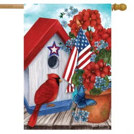 Briarwood Lane American Cardinal House Flag with patriotic floral design and USA flag embellishments.