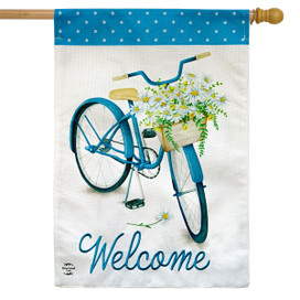 Briarwood Lane Spring Bike Welcome Burlap House Flag with colorful floral bicycle and cheerful welcome text.