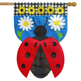 Briarwood Lane Sculpted Ladybug Spring Burlap House flag with colorful flowers and red ladybug design.