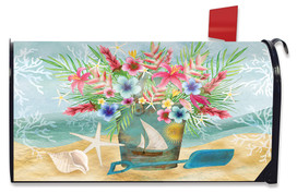 Briarwood Lane Coastal Flowers Summer Mailbox Cover with colorful floral bouquet and sailboat beach design.