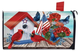 Briarwood Lane American Cardinal Mailbox Cover with patriotic floral design and red, white, blue colors.