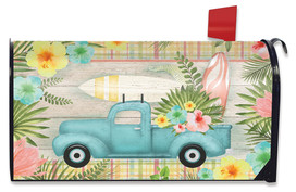 Briarwood Lane Tropical Pickup Truck Summer Mailbox Cover with colorful flowers, surfboards, and plaid background.