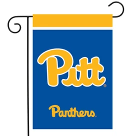 University Of Pittsburgh NCAA Licensed Garden Flag by Briarwood Lane, blue with yellow Pitt Panthers logo.