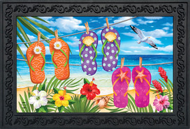Briarwood Lane Hanging Flip Flops Doormat with colorful flip flops and tropical beach scenery design.