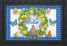 Briarwood Lane Lemon Wreath Spring Doormat with colorful butterflies and plaid border welcomes spring indoors.