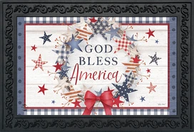 Briarwood Lane American Wreath Rustic Doormat with patriotic stars and stripes pattern red bow.