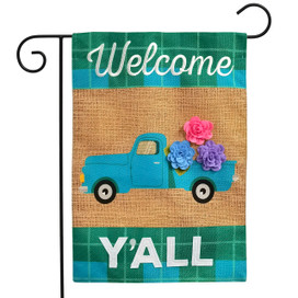 Briarwood Lane small printed garden flag with colorful springtime truck design on burlap background.