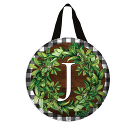 Briarwood Lane monogrammed letter J wreath door hanger with greenery and checkered border decoration.
