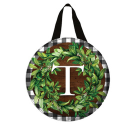 Briarwood Lane monogrammed letter T door hanger with greenery wreath and checkered border.