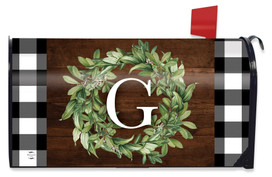 Briarwood Lane standard wreath monogrammed mailbox cover with greenery and checkered border, colorful decorative design.