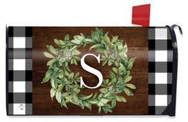 Briarwood Lane standard mailbox cover with monogrammed greenery wreath on checkered plaid background.