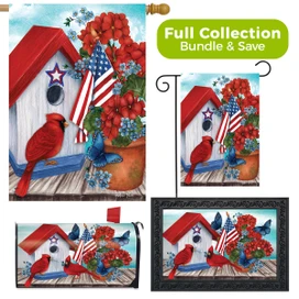 Briarwood Lane American Cardinal design collection garden flag, doormat, and mailbox cover with floral and sunflowers.
