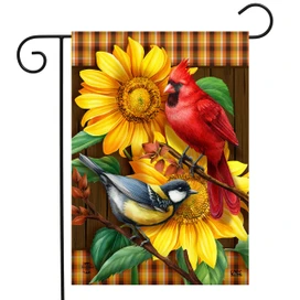 Briarwood Lane garden flag with cardinals and sunflowers, featuring two birds on a branch.