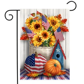 Briarwood Lane Americana Autumn Garden Flag with sunflowers, pumpkins, and American flags on white background.
