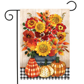 Briarwood Lane Autumn Bouquet Garden Flag with vibrant sunflowers, pumpkins, and fall flowers on rustic background.