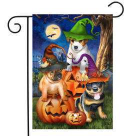 Briarwood Lane Spooky Pups Garden Flag with Halloween dogs wearing hats by jack-o-lanterns at night.
