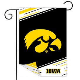 University of Iowa NCAA double-sided garden flag with yellow hawk head on black background by Briarwood Lane.