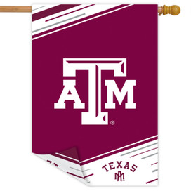 Texas A&M University NCAA maroon and white double-sided house flag with white logo and stripes.