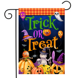 Briarwood Lane Trick Or Treat Party Double Sided Garden Flag with Halloween designs and characters.