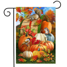 Briarwood Lane Fall Pumpkin Gathering Garden Flag with hedgehog, pumpkins, and birds on autumn leaves.