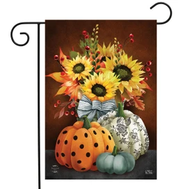 Briarwood Lane Patterned Pumpkins And Sunflowers Garden Flag with vibrant sunflowers and decorative pumpkins.