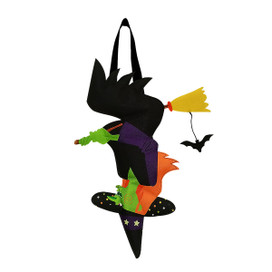 Briarwood Lane Upside Down Witch Door Hanger in black, purple, orange, green, and yellow hanging decoration.