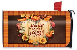 Briarwood Lane Fall Home Sweet Home Mailbox Cover with autumn floral design and plaid border.