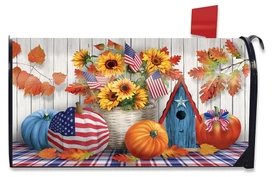 Briarwood Lane American Autumn Mailbox Cover with patriotic pumpkins and sunflowers on red white blue background.
