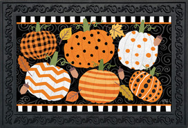 Briarwood Lane Fall Celebration Pumpkins Doormat with orange, white, and black pumpkins on black background.
